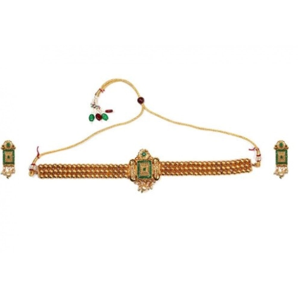 Suvarnika Women's Elegent And Modern Gold Plated Chowker Set (Green, Free Size)