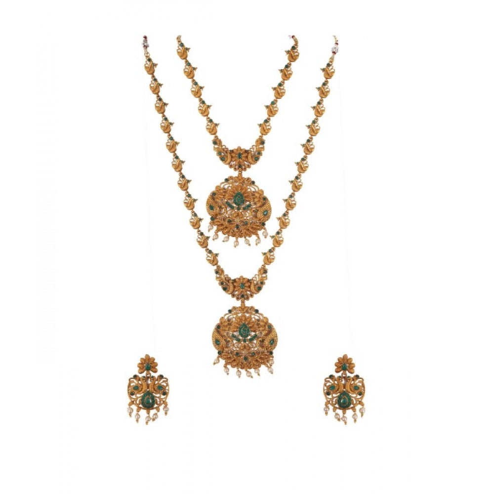 Suvarnika Women's Elegent And Modern Double Line Temple Jewellery Set (Green, Free Size)