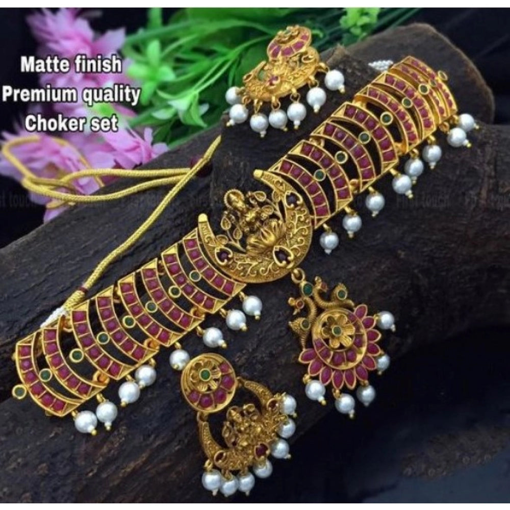 Suvarnika Women's Elegent Brass Chain Necklace Set (Pink, Free Size)