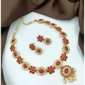 Suvarnika Women's Gold Plated Traditional Necklace and Earrings Set (Red, Free Size)