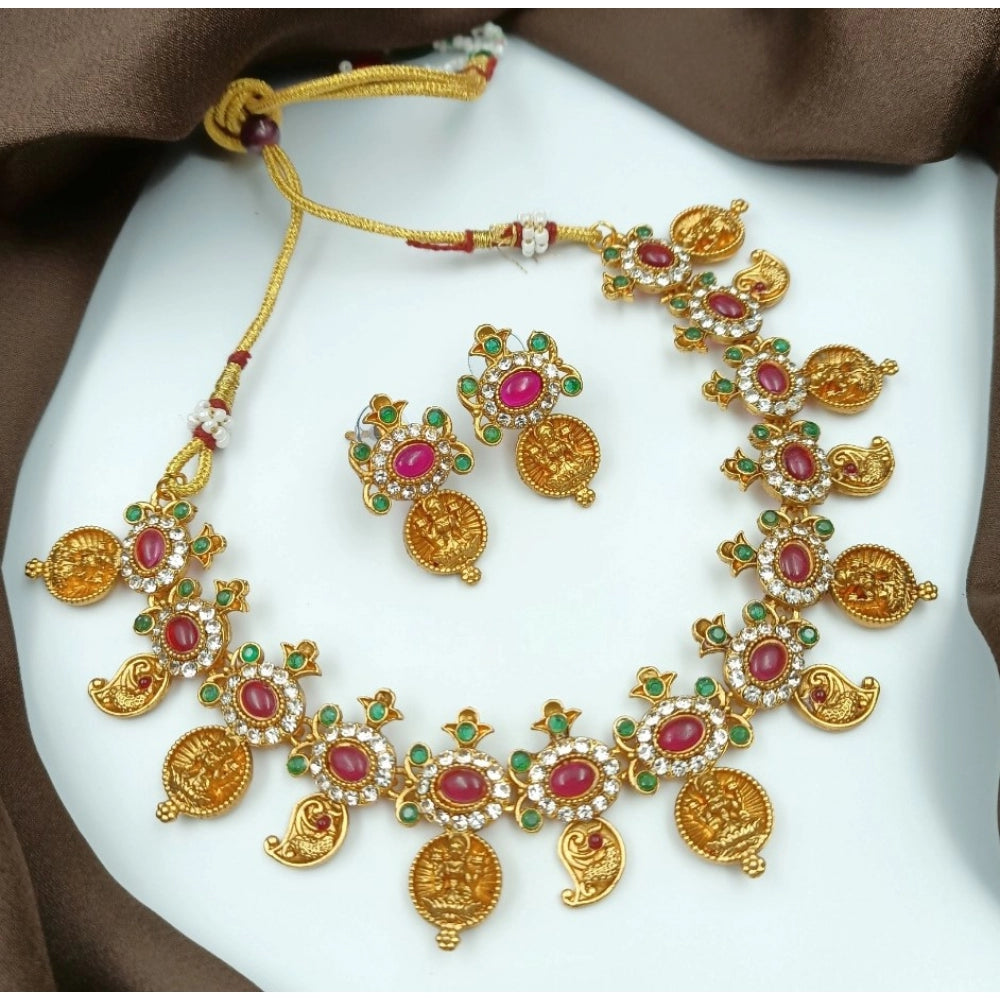 Suvarnika Women's Gold Plated Traditional Necklace and Earrings Set (Multi Color, Free Size)