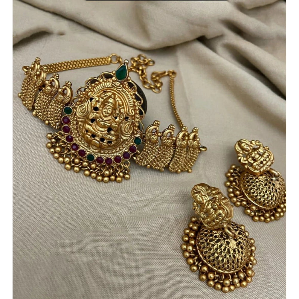 Suvarnika Women's Traditional Temple Necklace and Earrings Set in Gold (Multi Color, Free Size)