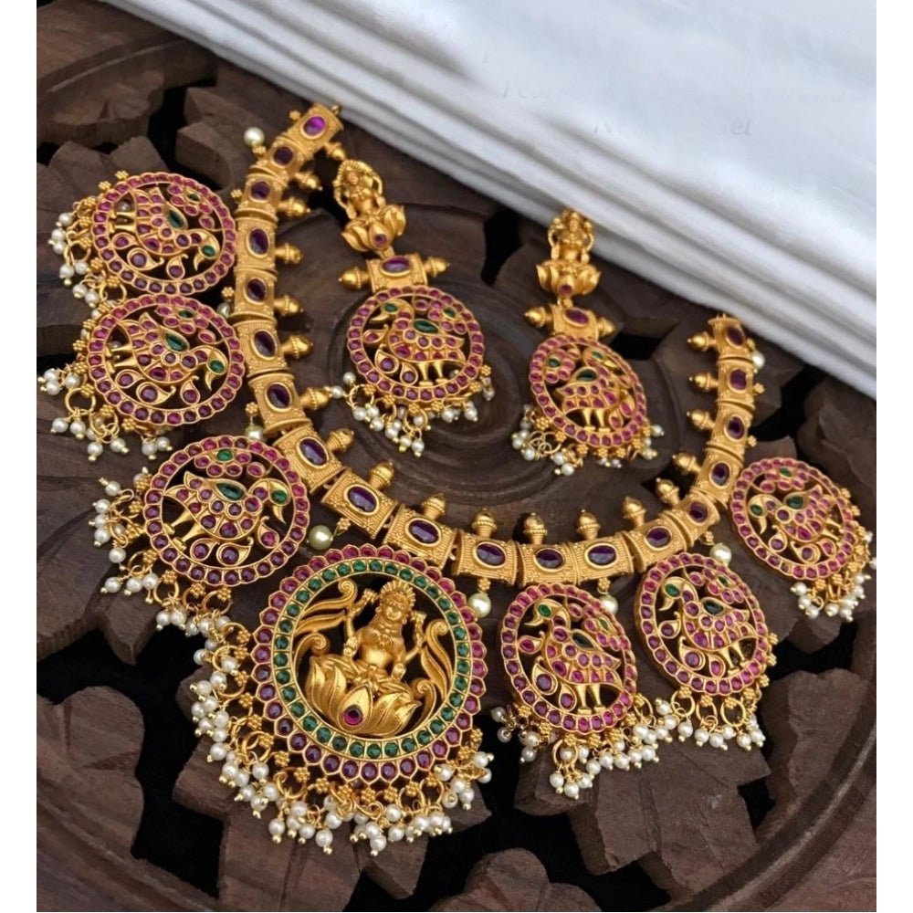 Suvarnika Women's Goddess Glamour Gold Plated Temple Necklace and Jhumka Set (Multi Color, Free Size)