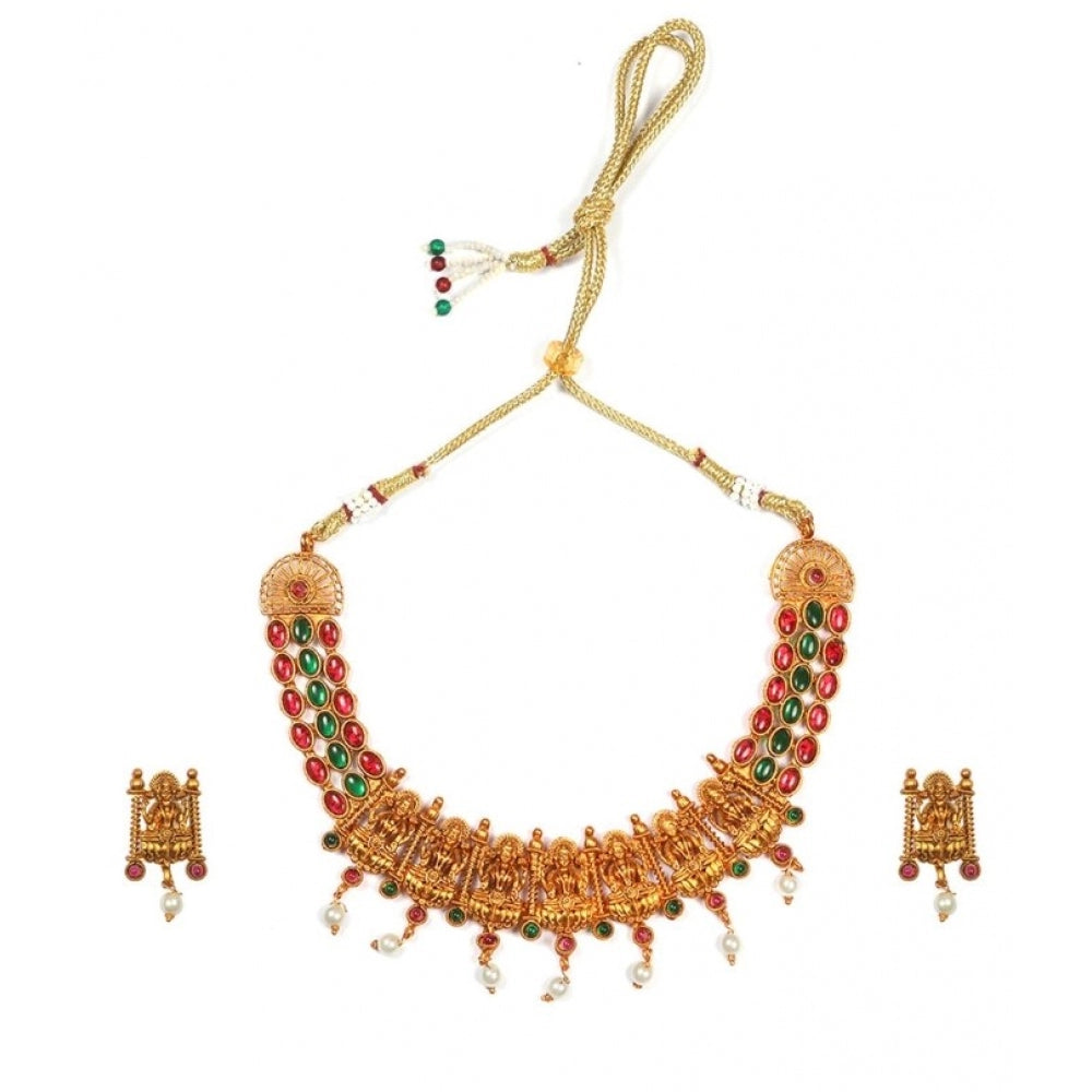 Suvarnika Women's Temple Necklace and Earrings Set in Gold Plating (Multi Color, Free Size)
