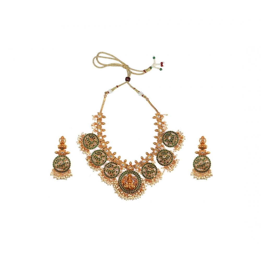 Suvarnika Women's Goddess Glamour Gold Plated Temple Necklace and Jhumka Set (Green, Free Size)