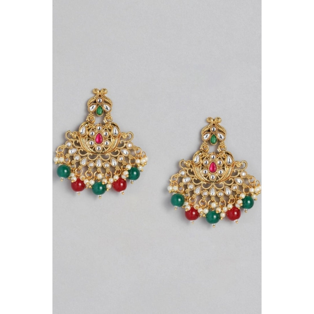 Suvarnika Women's Rose Gold Plated Alloy Kundan Earrings &amp; Mangtikka (Red &amp; Green)