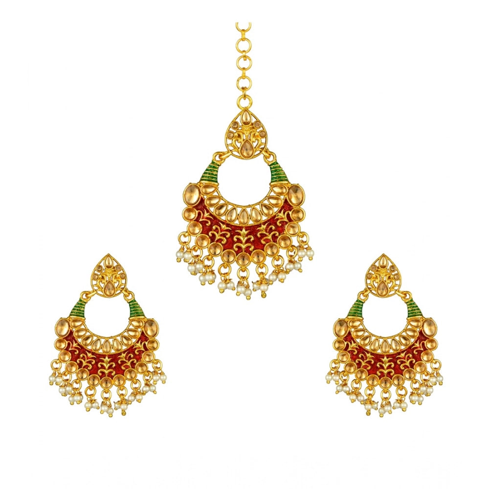Suvarnika Women's Rose Gold Plated Alloy Kundan Earrings &amp; Mangtikka (Red &amp; Green)