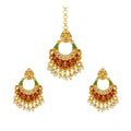 Suvarnika Women's Rose Gold Plated Alloy Kundan Earrings &amp; Mangtikka (Red &amp; Green)
