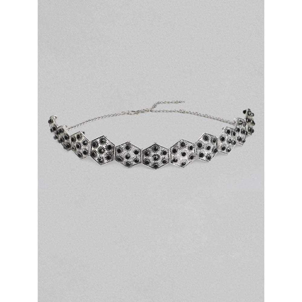 Suvarnika Women's Rose Gold Plated Alloy Choker (Silver &amp; Black)