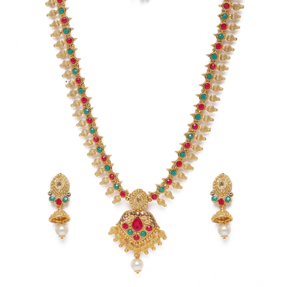 Suvarnika Women's Rose Gold Plated Alloy Necklace &amp; Earings Set (Green &amp; Red)