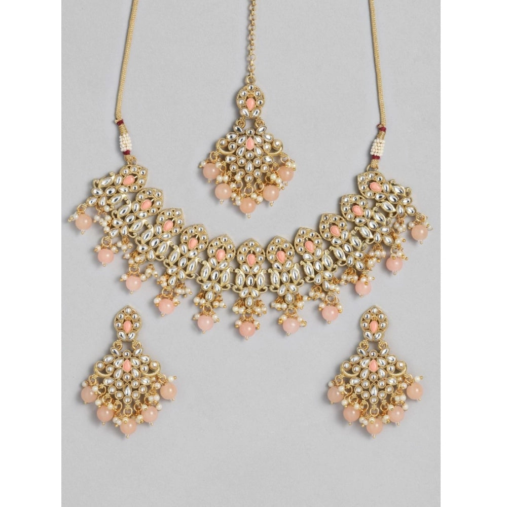 Suvarnika Women's Rose Gold Plated Alloy Necklace &amp; Earings Set (Pink)