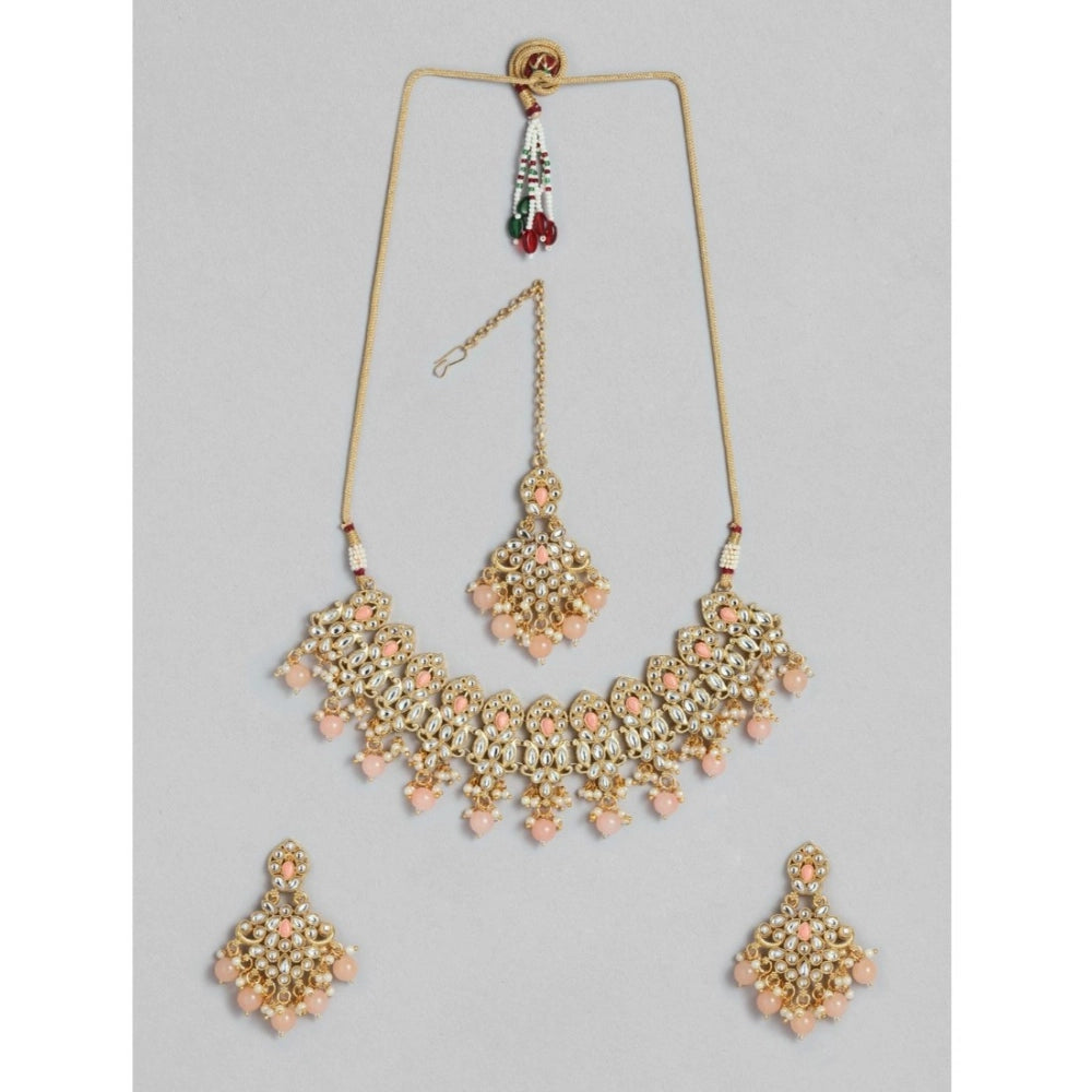 Suvarnika Women's Rose Gold Plated Alloy Necklace &amp; Earings Set (Pink)