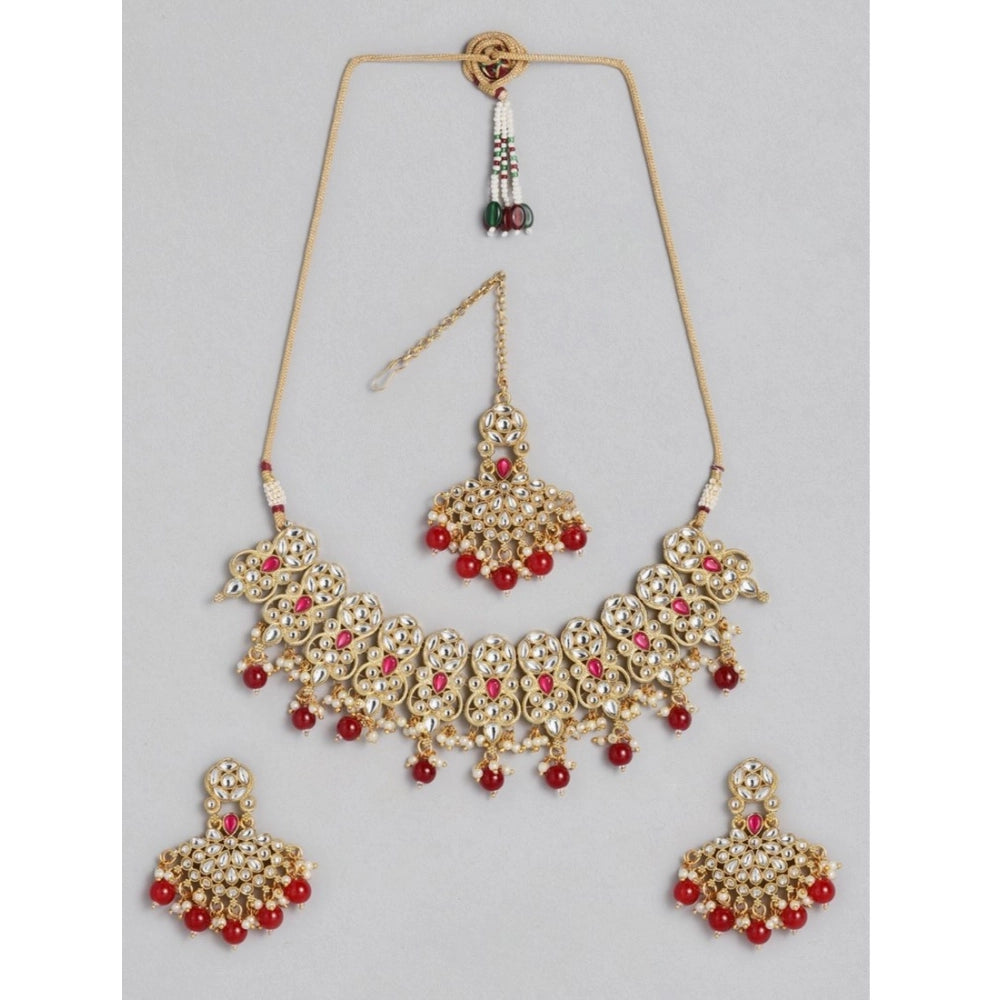 Suvarnika Women's Rose Gold Plated Alloy Necklace &amp; Earings Set (Red)