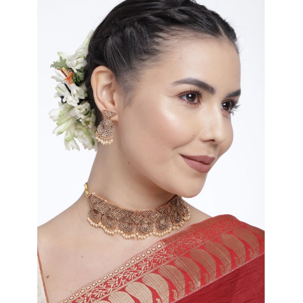 Suvarnika Women's Rose Gold Plated Alloy Necklace &amp; Earings Set (Gold)