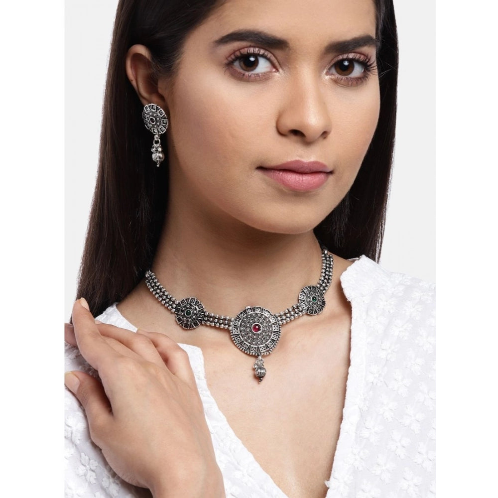 Suvarnika Women's Rose Gold Plated Alloy Necklace &amp; Earings Set (Silver)
