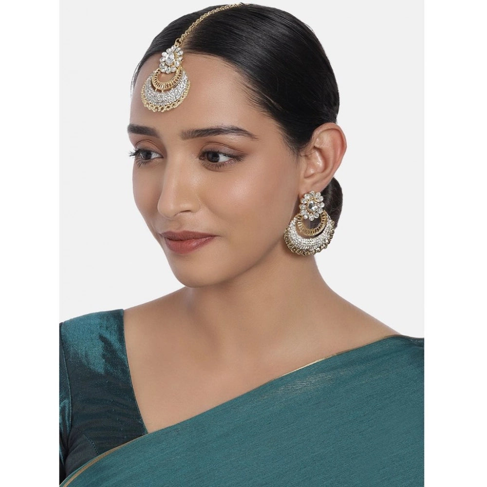 Suvarnika Women's Rose Gold Plated Alloy Kundan Earrings &amp; Mangtikka (White)