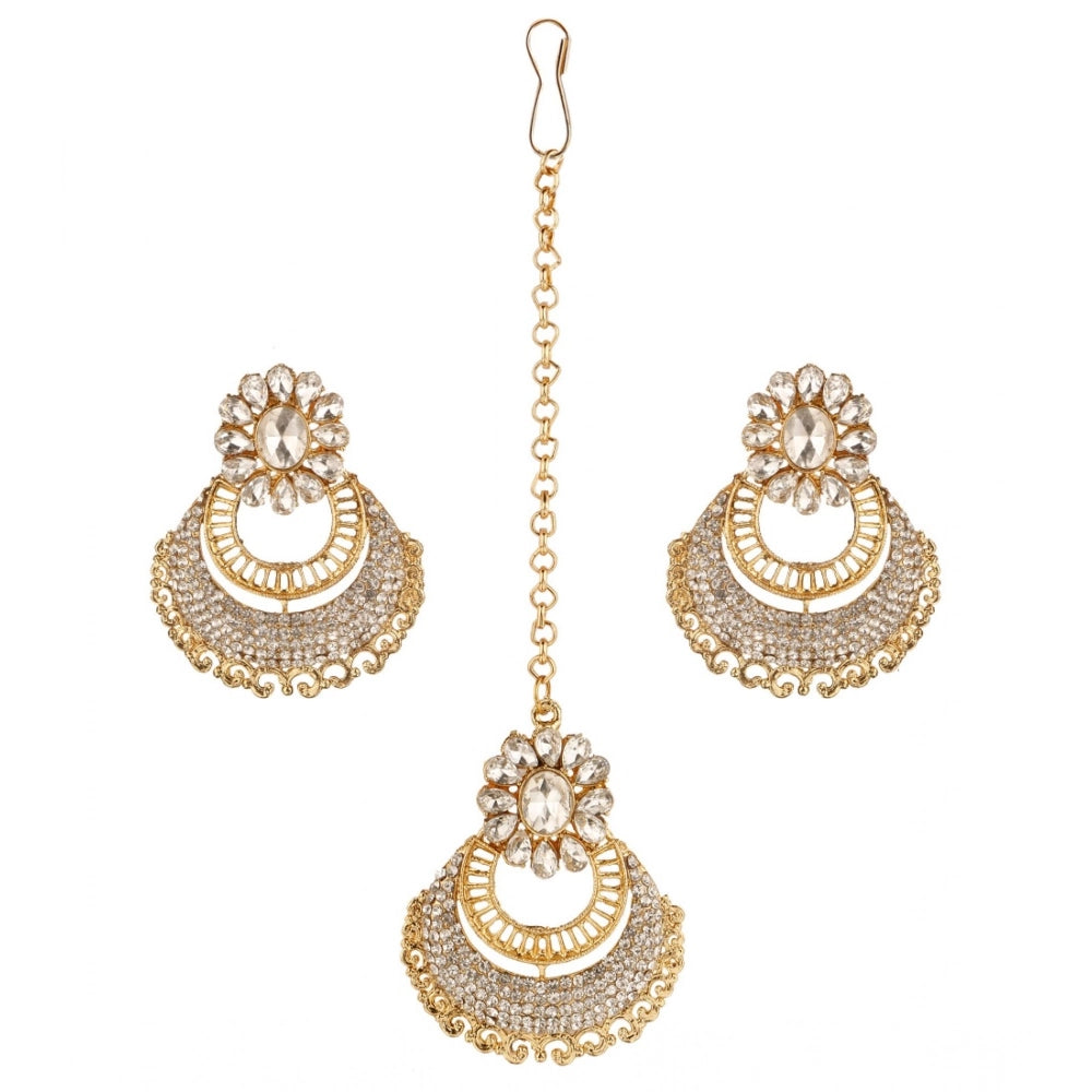 Suvarnika Women's Rose Gold Plated Alloy Kundan Earrings &amp; Mangtikka (White)