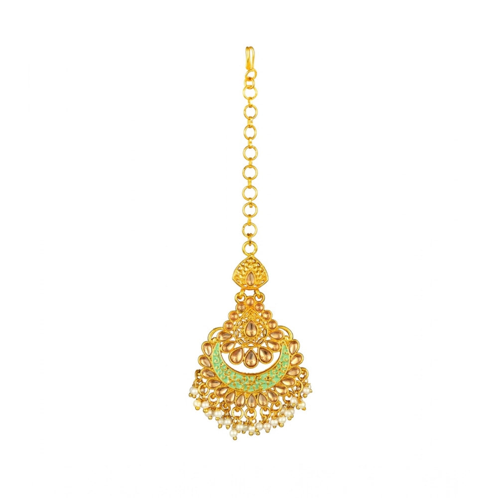 Suvarnika Women's Rose Gold Plated Alloy Kundan Earrings &amp; Mangtikka (Green)