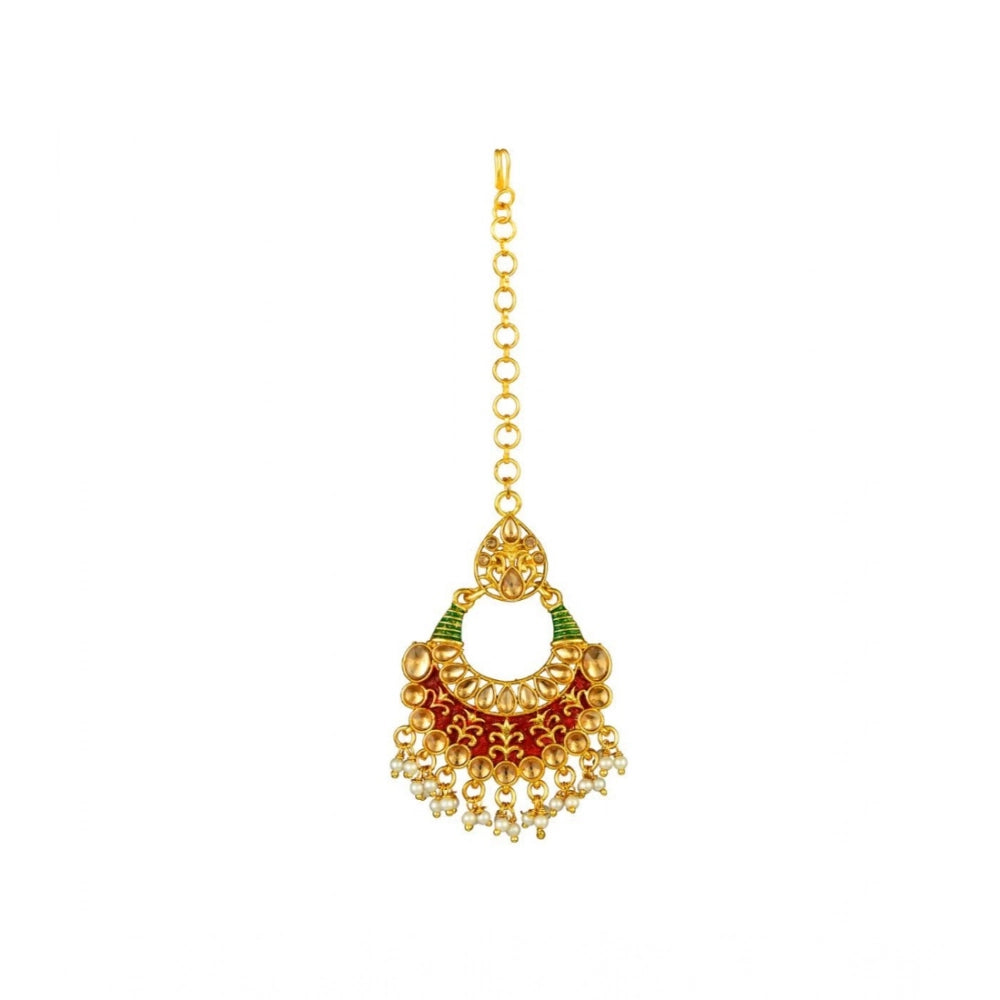 Suvarnika Women's Rose Gold Plated Alloy Kundan Earrings &amp; Mangtikka (Red &amp; Green)