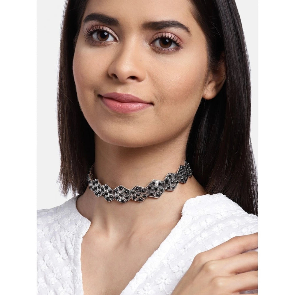 Suvarnika Women's Rose Gold Plated Alloy Choker (Silver &amp; Black)