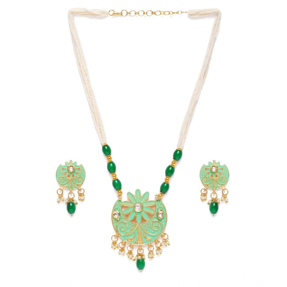 Suvarnika Women's Rose Gold Plated Alloy Necklace &amp; Earings Set (Green)