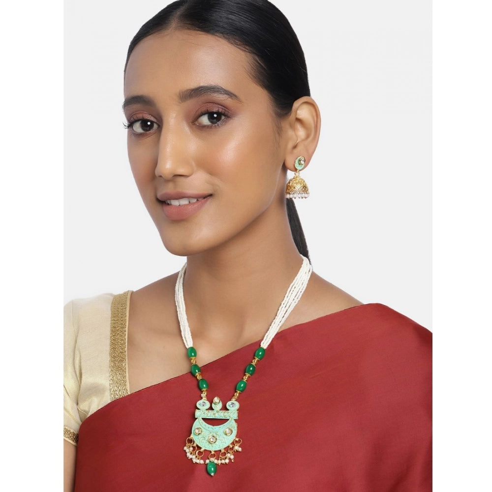 Suvarnika Women's Rose Gold Plated Alloy Necklace &amp; Earings Set (Green)