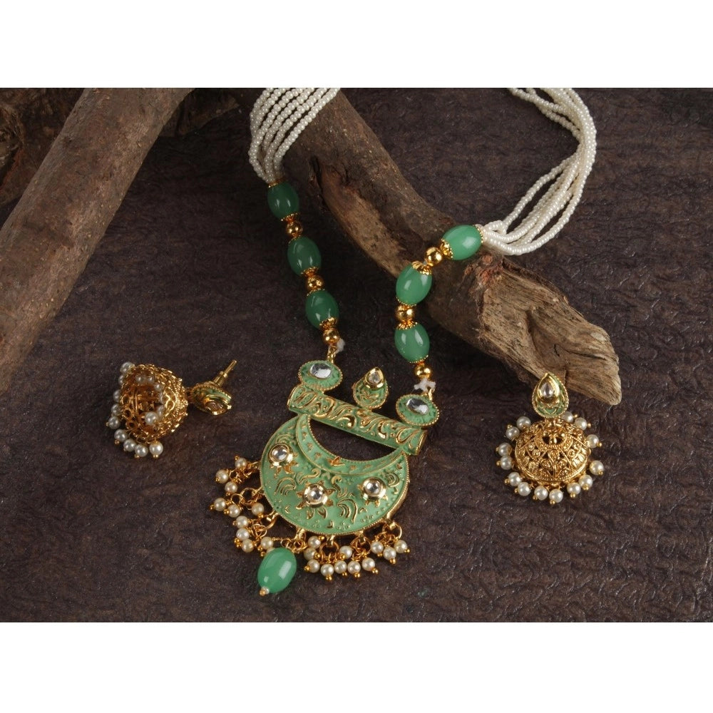 Suvarnika Women's Rose Gold Plated Alloy Necklace &amp; Earings Set (Green)