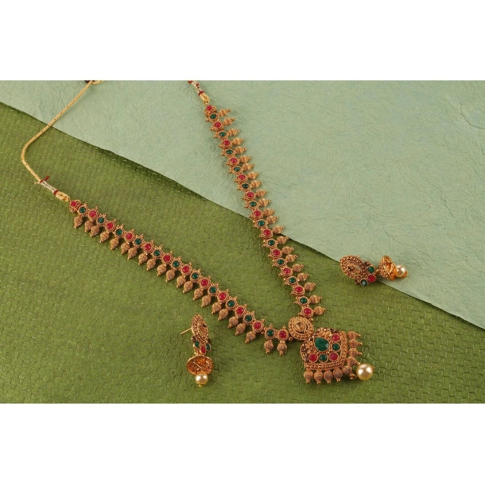 Suvarnika Women's Rose Gold Plated Alloy Necklace &amp; Earings Set (Green &amp; Red)