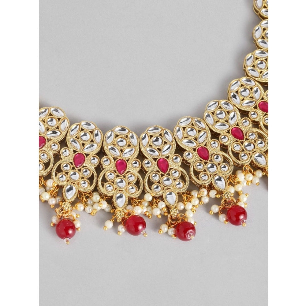 Suvarnika Women's Rose Gold Plated Alloy Necklace &amp; Earings Set (Red)