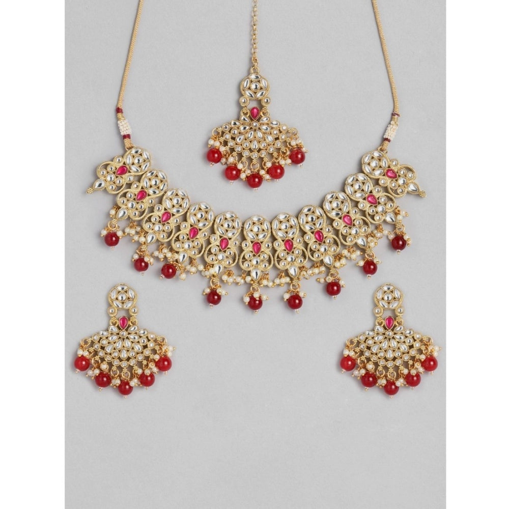 Suvarnika Women's Rose Gold Plated Alloy Necklace &amp; Earings Set (Red)