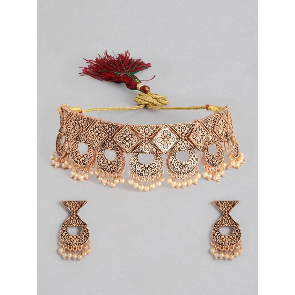 Suvarnika Women's Rose Gold Plated Alloy Necklace &amp; Earings Set (Gold)