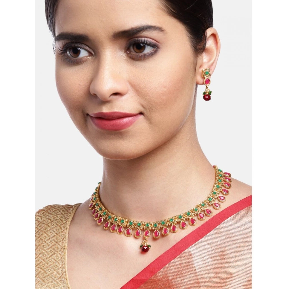 Suvarnika Women's Rose Gold Plated Alloy Necklace &amp; Earings Set (Green &amp; Red)