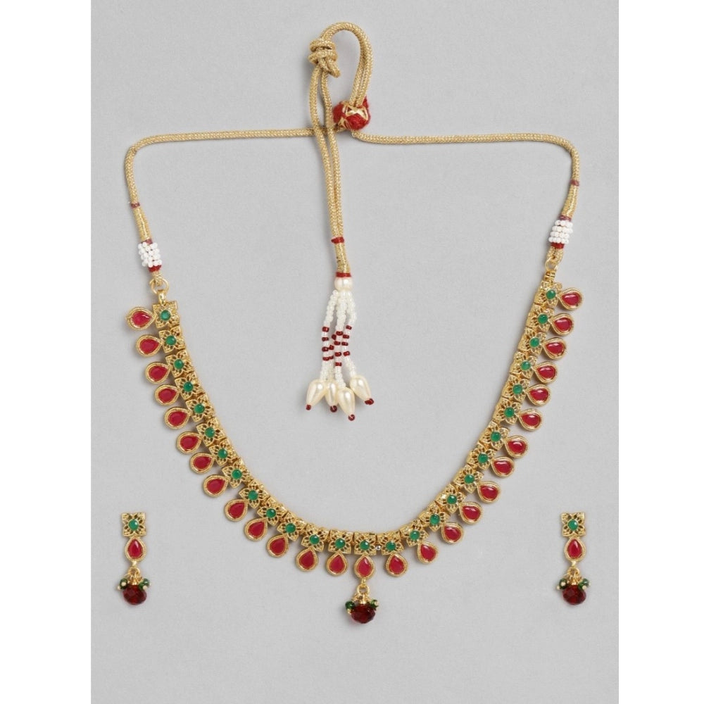 Suvarnika Women's Rose Gold Plated Alloy Necklace &amp; Earings Set (Green &amp; Red)