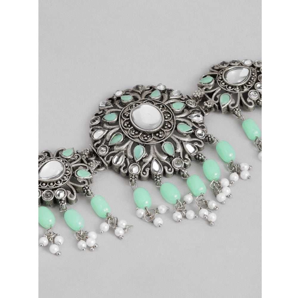 Suvarnika Women's Rose Gold Plated Alloy Necklace &amp; Earings Set (Light Green)