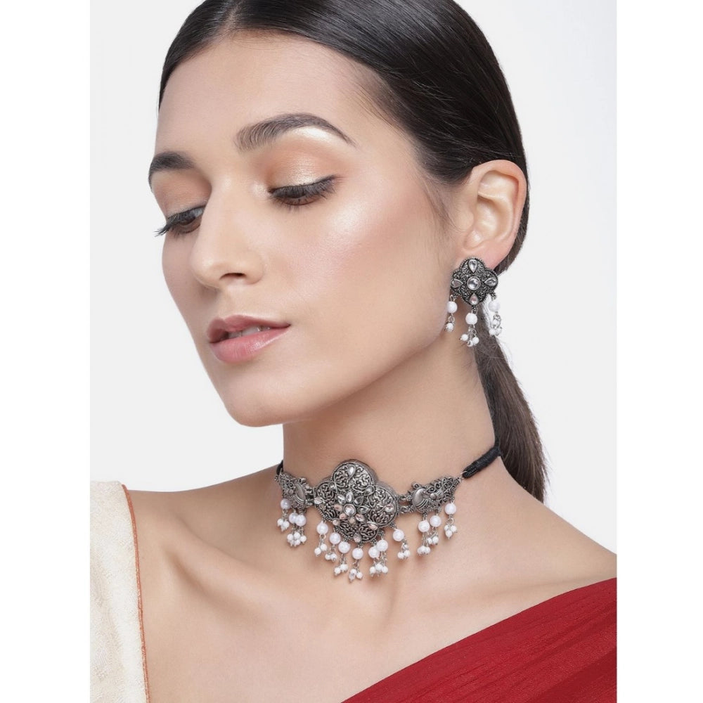Suvarnika Women's Rose Gold Plated Alloy Necklace &amp; Earings Set (Silver &amp; White)