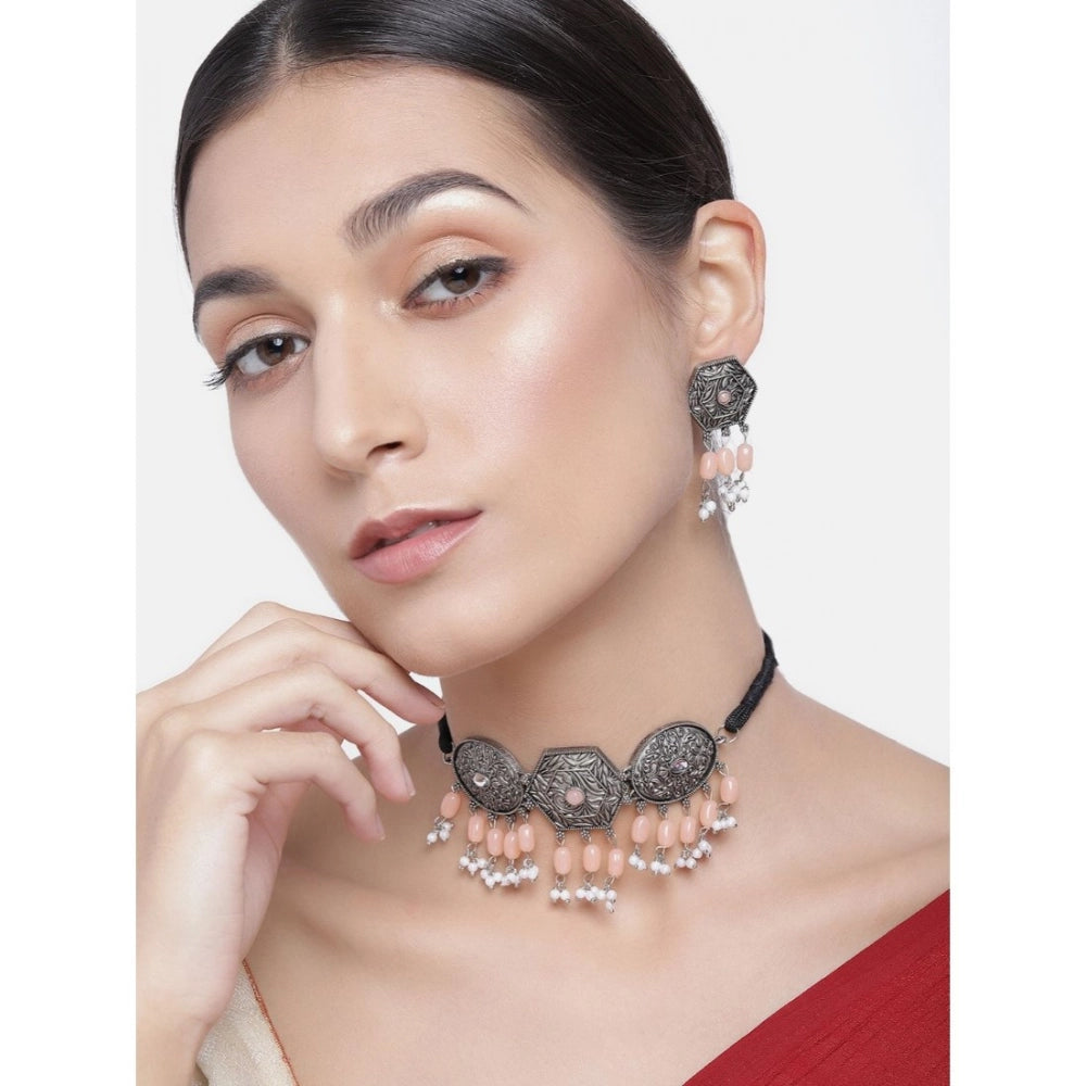 Suvarnika Women's Rose Gold Plated Alloy Necklace &amp; Earings Set (Orange)