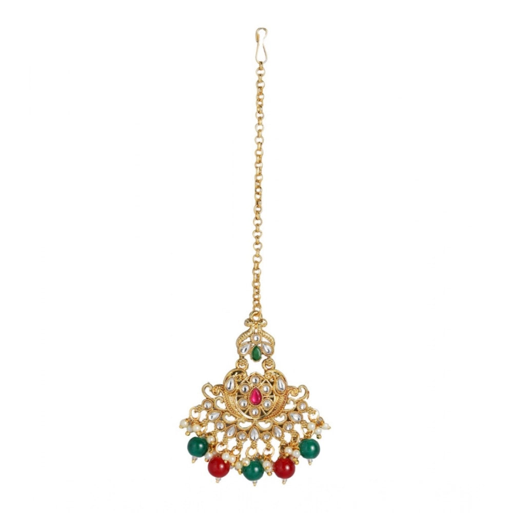Suvarnika Women's Rose Gold Plated Alloy Kundan Earrings &amp; Mangtikka (Red &amp; Green)