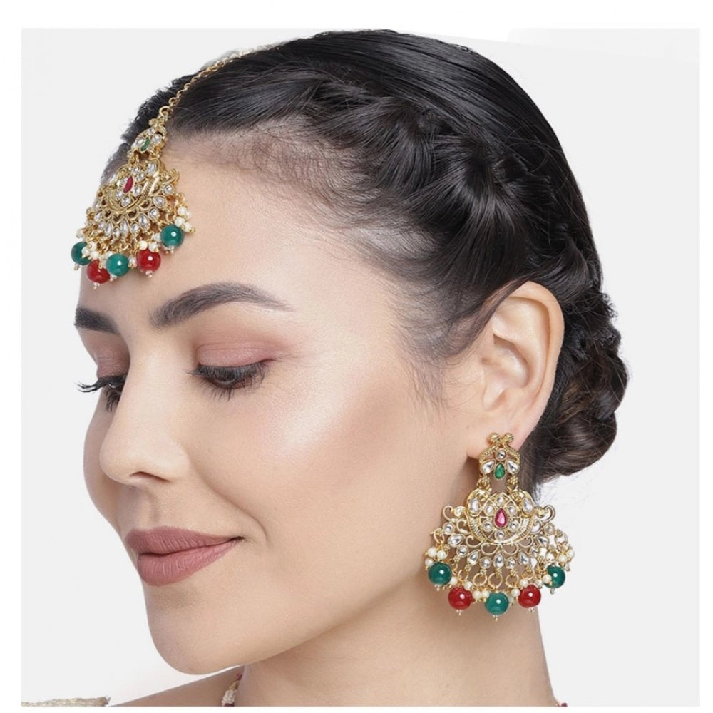 Suvarnika Women's Rose Gold Plated Alloy Kundan Earrings &amp; Mangtikka (Red &amp; Green)