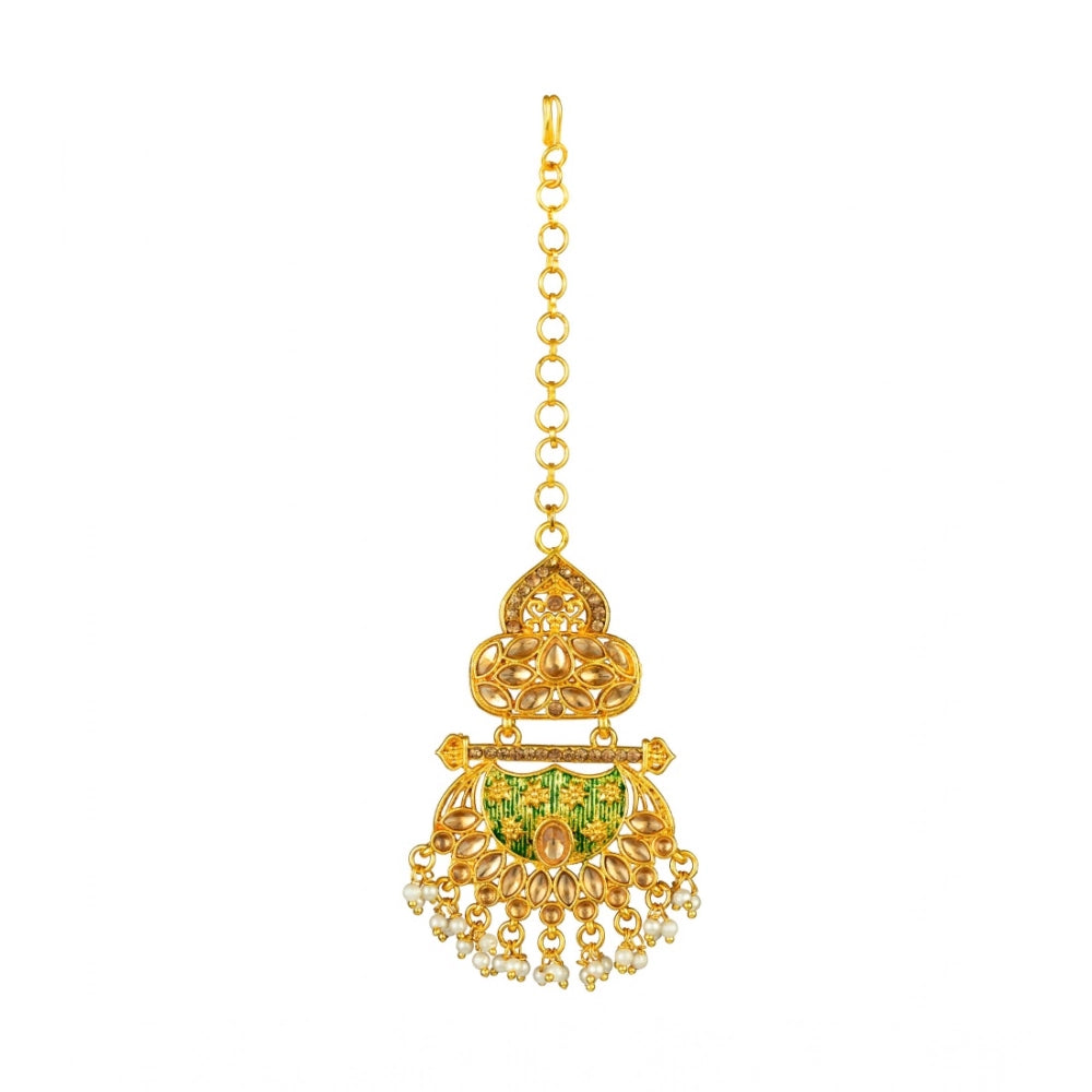Suvarnika Women's Rose Gold Plated Alloy Kundan Earrings &amp; Mangtikka (Green)