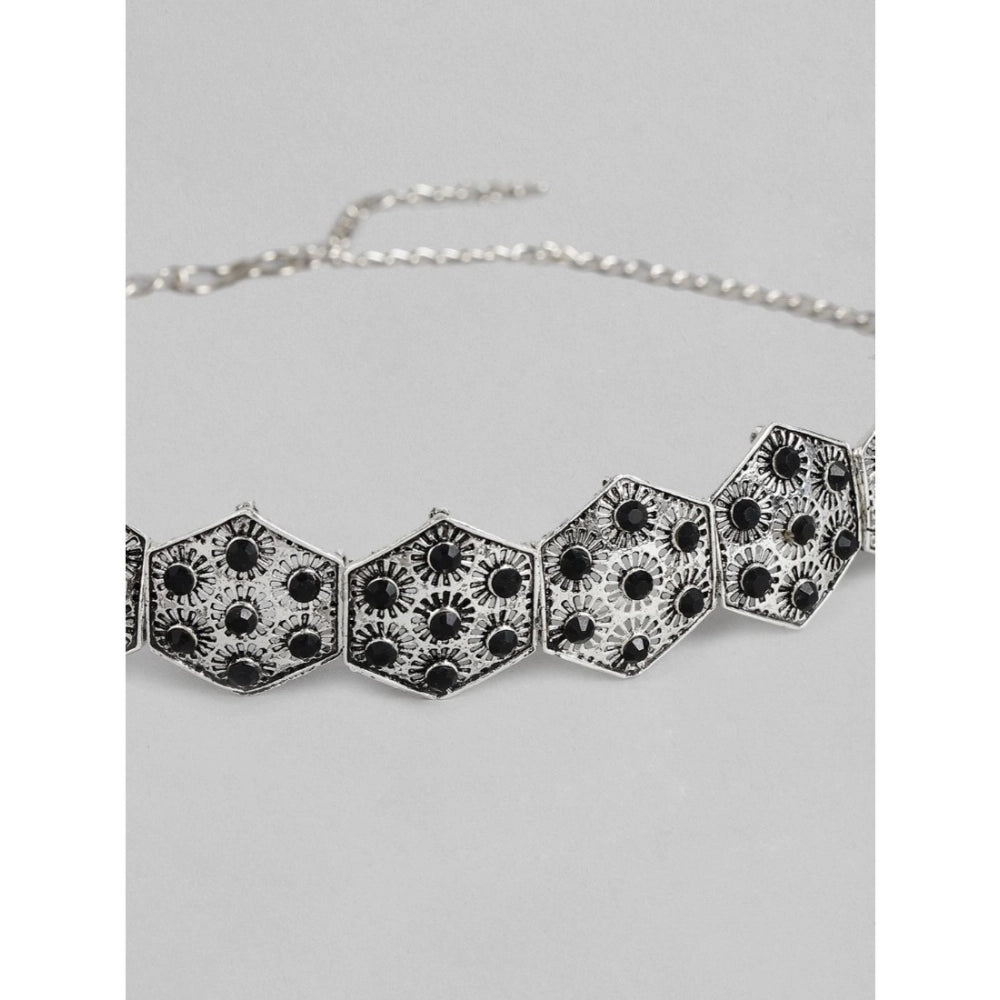 Suvarnika Women's Rose Gold Plated Alloy Choker (Silver &amp; Black)