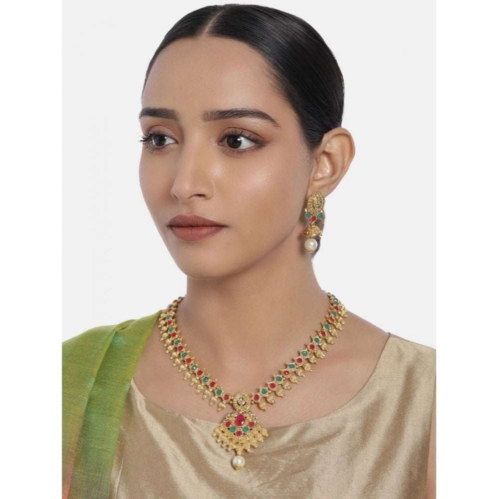 Suvarnika Women's Rose Gold Plated Alloy Necklace &amp; Earings Set (Green &amp; Red)