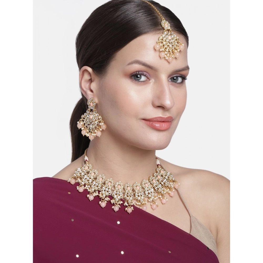Suvarnika Women's Rose Gold Plated Alloy Necklace &amp; Earings Set (Pink)