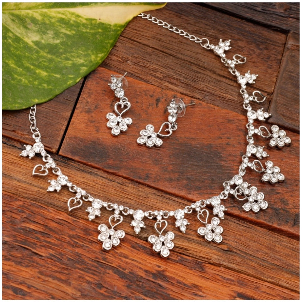 Suvarnika Women's Rose Gold Plated Brass Necklace &amp; Earings Set (Silver)
