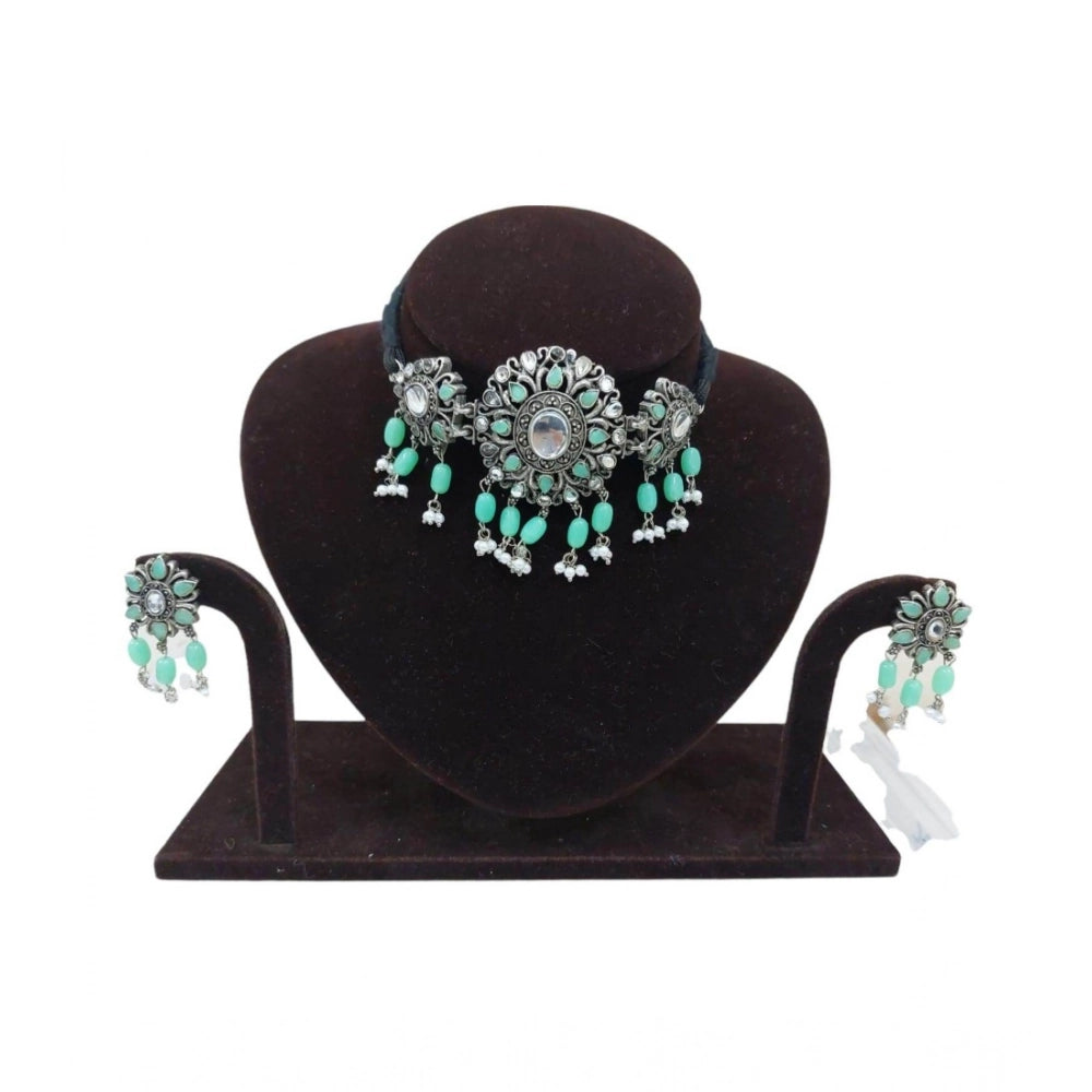 Suvarnika Women's Rose Gold Plated Alloy Necklace &amp; Earings Set (Light Green)