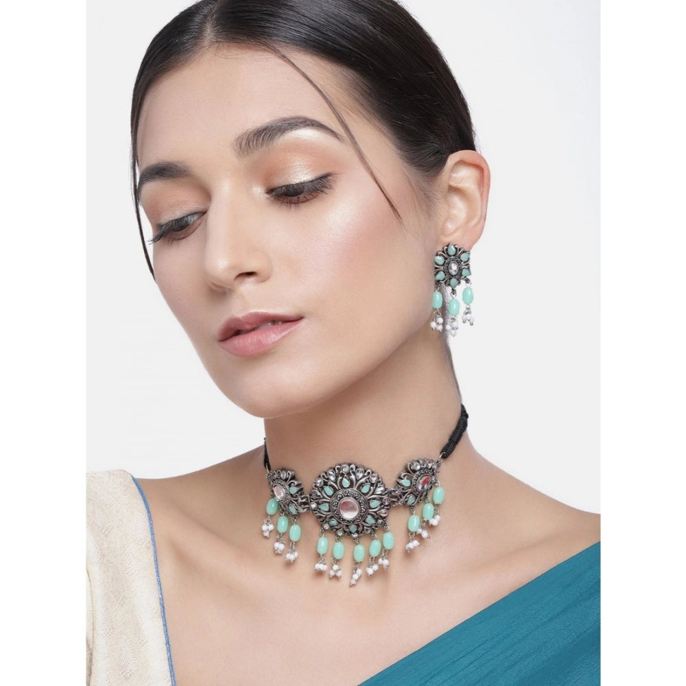 Suvarnika Women's Rose Gold Plated Alloy Necklace &amp; Earings Set (Light Green)