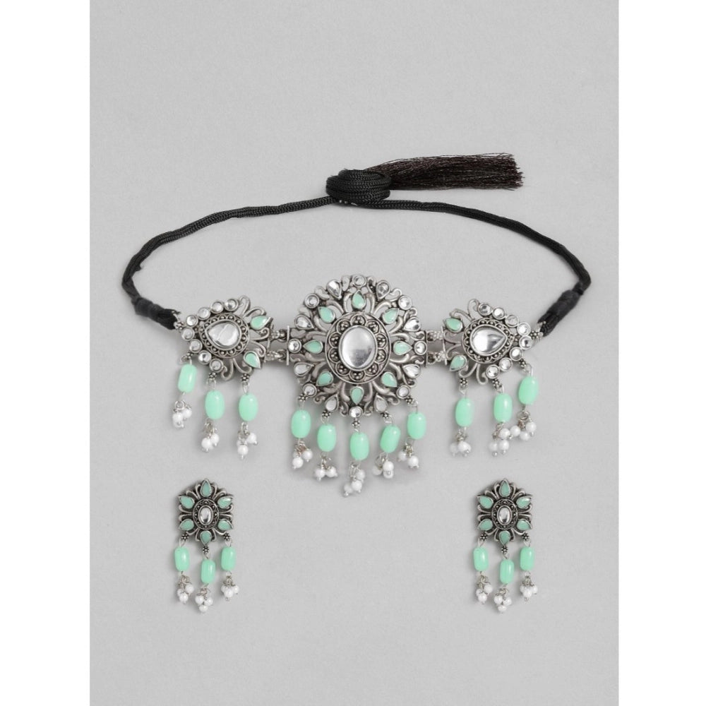 Suvarnika Women's Rose Gold Plated Alloy Necklace &amp; Earings Set (Light Green)