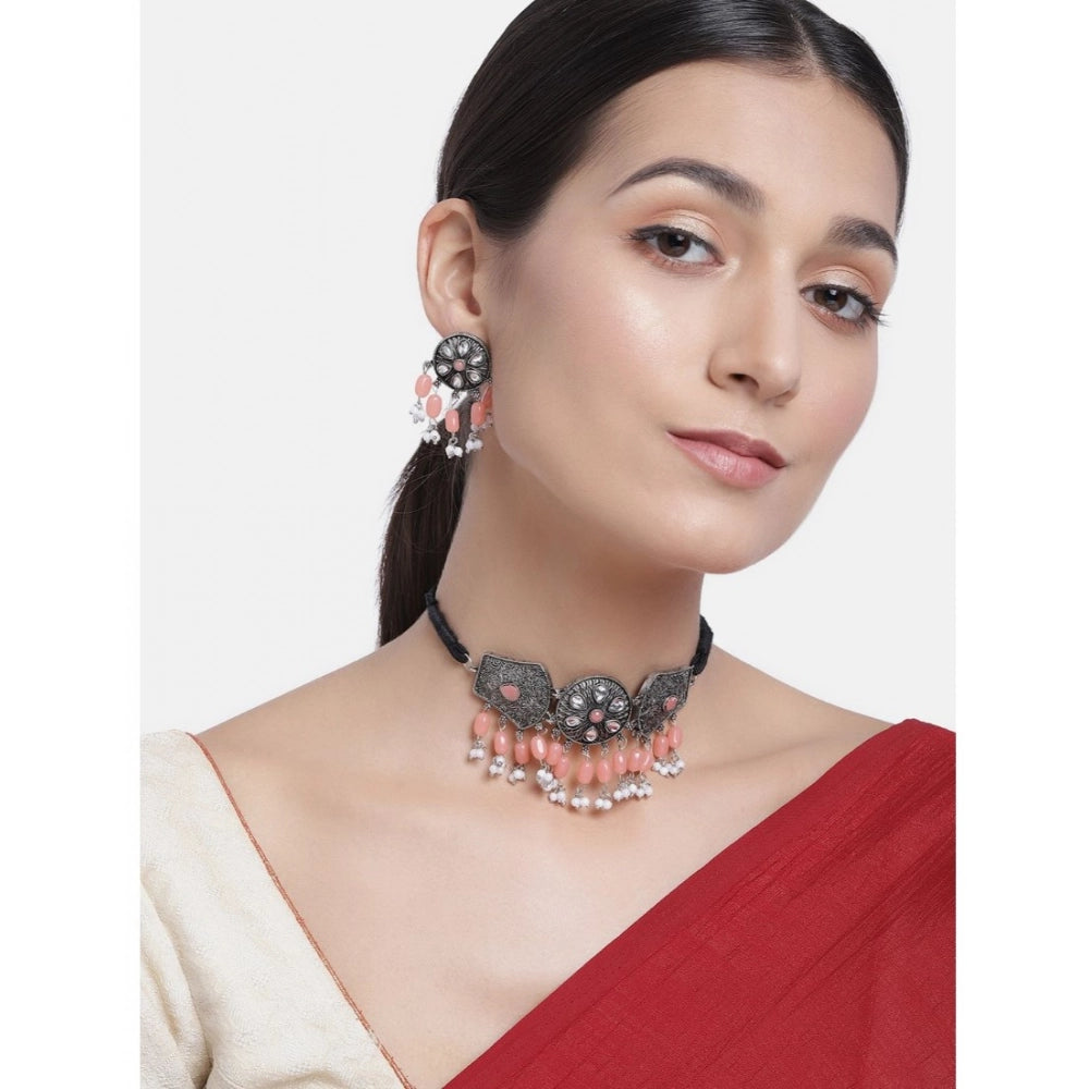 Suvarnika Women's Rose Gold Plated Alloy Necklace &amp; Earings Set (Orange)