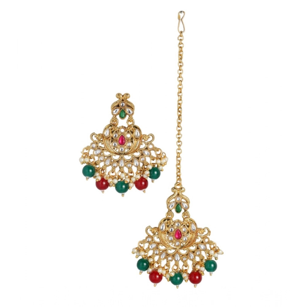 Suvarnika Women's Rose Gold Plated Alloy Kundan Earrings &amp; Mangtikka (Red &amp; Green)