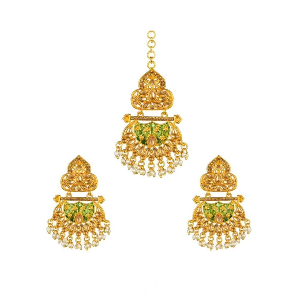 Suvarnika Women's Rose Gold Plated Alloy Kundan Earrings &amp; Mangtikka (Green)