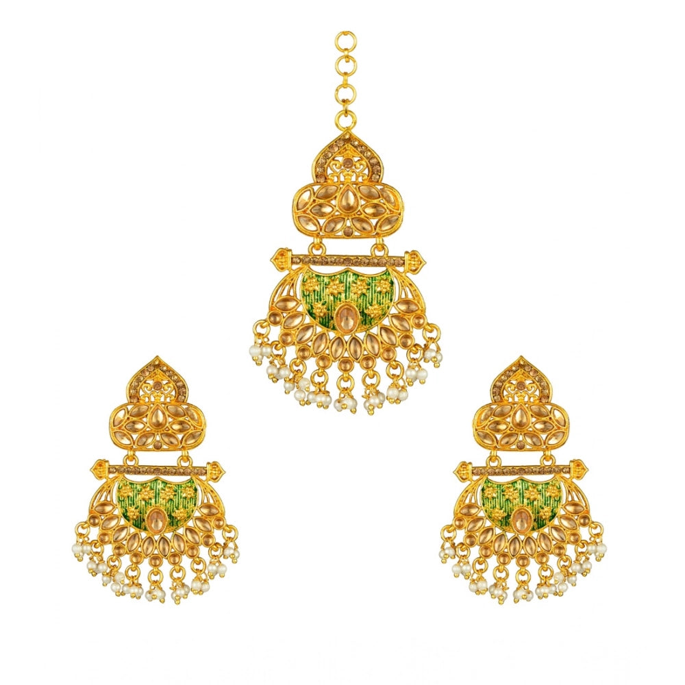 Suvarnika Women's Rose Gold Plated Alloy Kundan Earrings &amp; Mangtikka (Green)